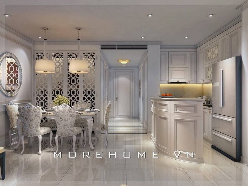 #21 Công trình thiết kế phòng bếp nhà chung cư 3D tân cổ điển, đẹp, ấn tượng 2022-2023
